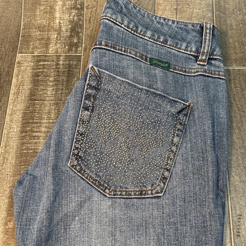 Wrangler Women's Premium Patch Jeans Size 5/34 Rhinestone Pocket‎ Bootcut